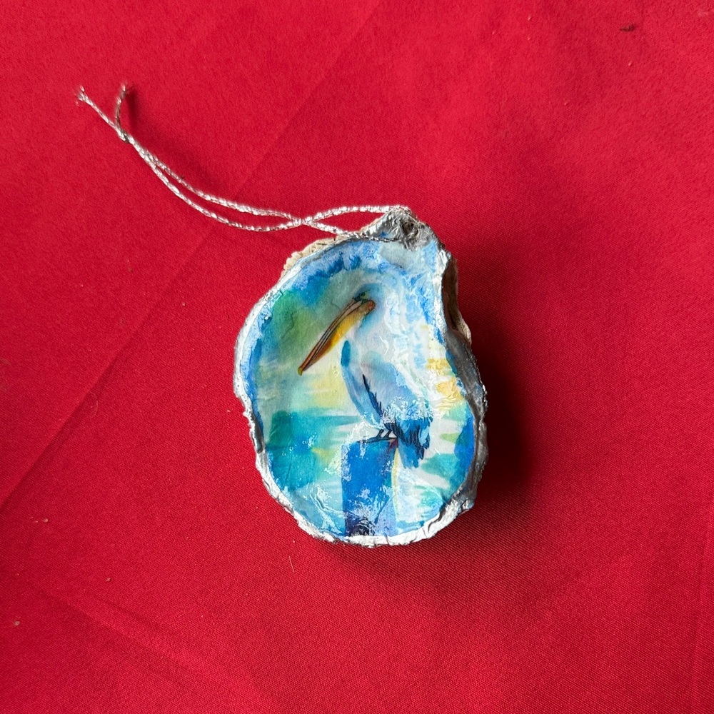 Handcrafted Oyster Shell Blue and White Pelican Holiday Ornament